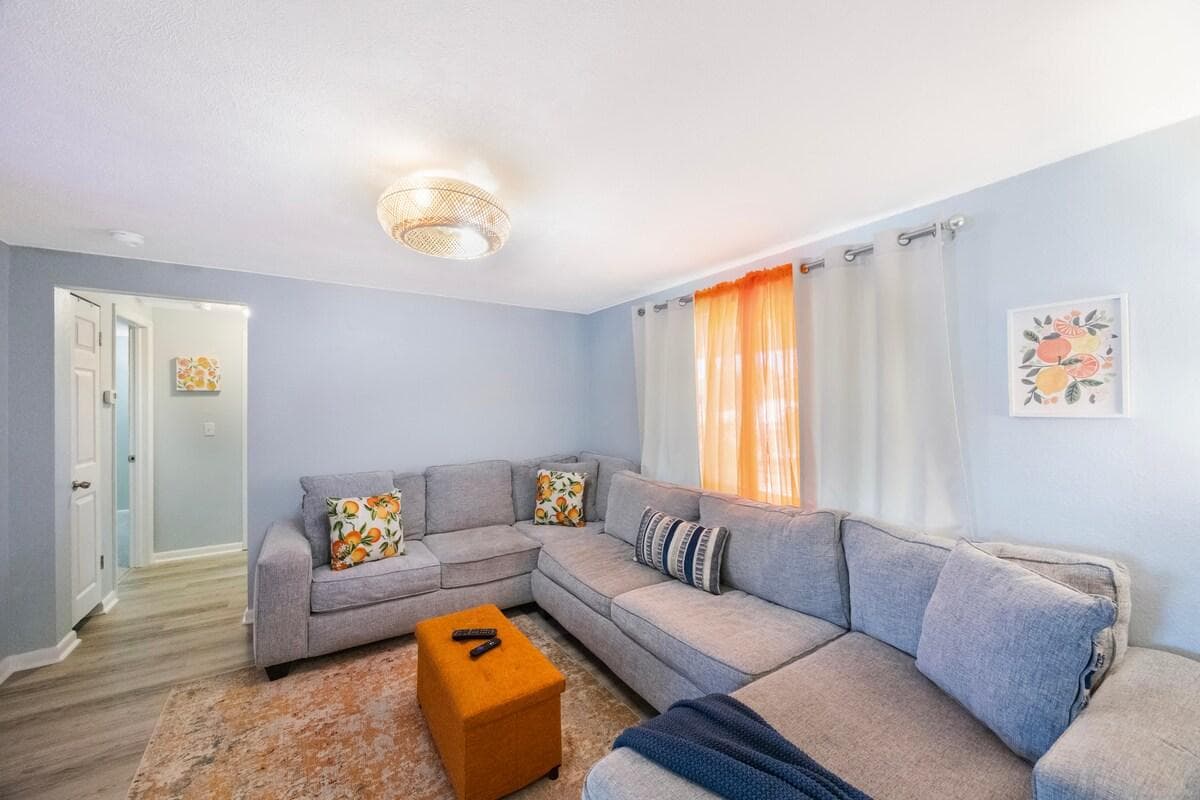 Bright, cheerful space with bold colors and comfy seating